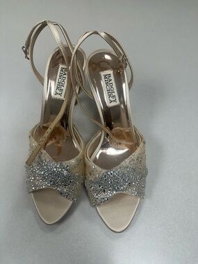 Badgley Mischka Champagne Satin Crystal-Embellished Open-Toe Heels Size 7